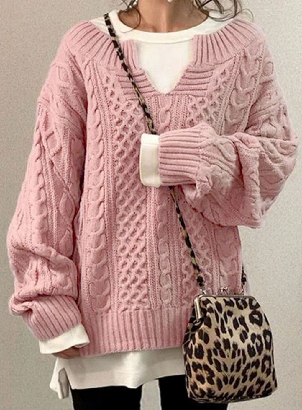 Women's Cable-Knit Oversized Sweater in Pink - view 4