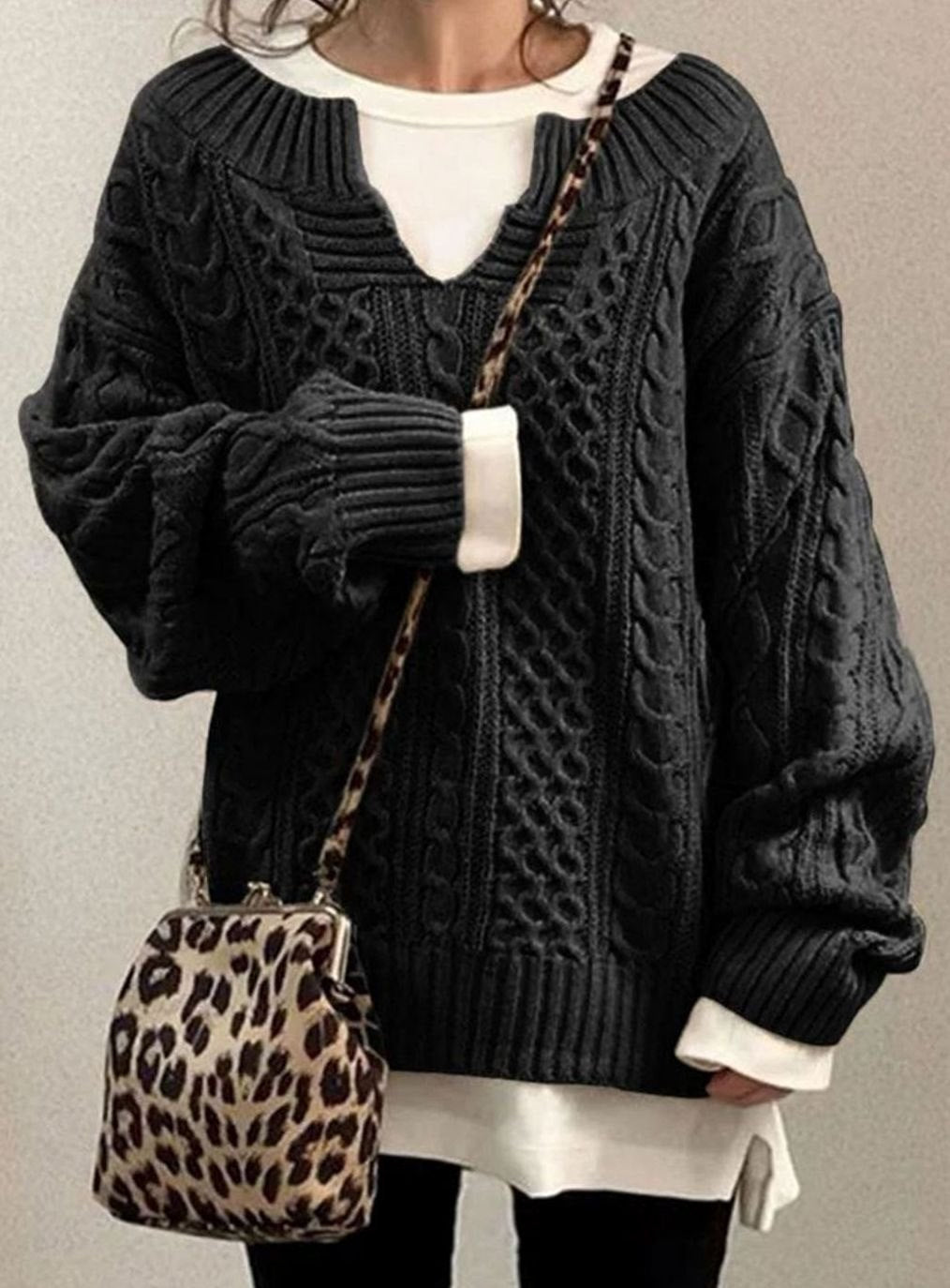Women's Cable-Knit Oversized Sweater in Black - view 5