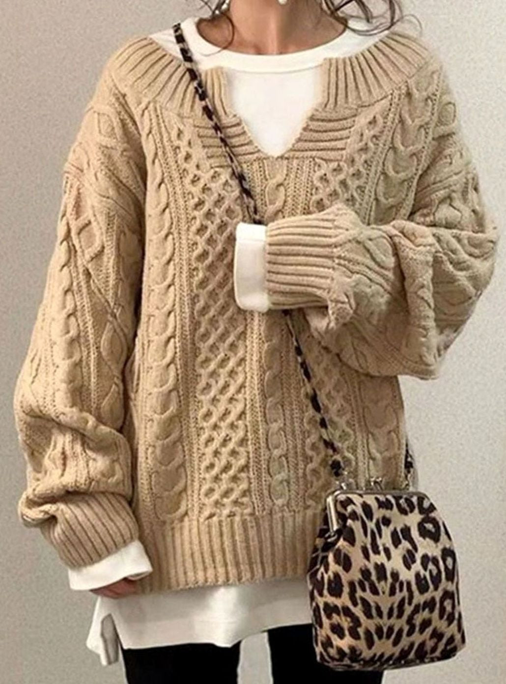 Women's Cable-Knit Oversized Sweater in Beige - view 8