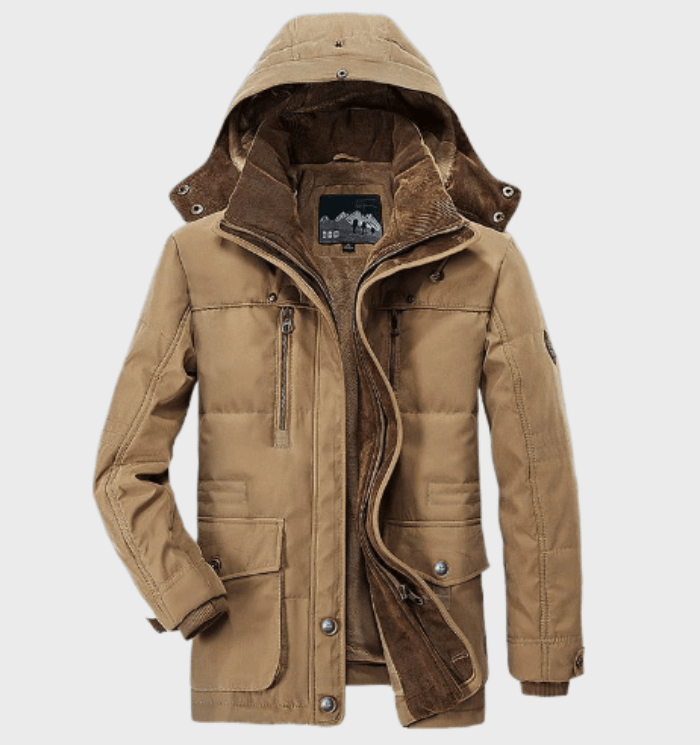 Men's Longline Fleece-Lined Hooded Padded Jacket in Khaki - view 3