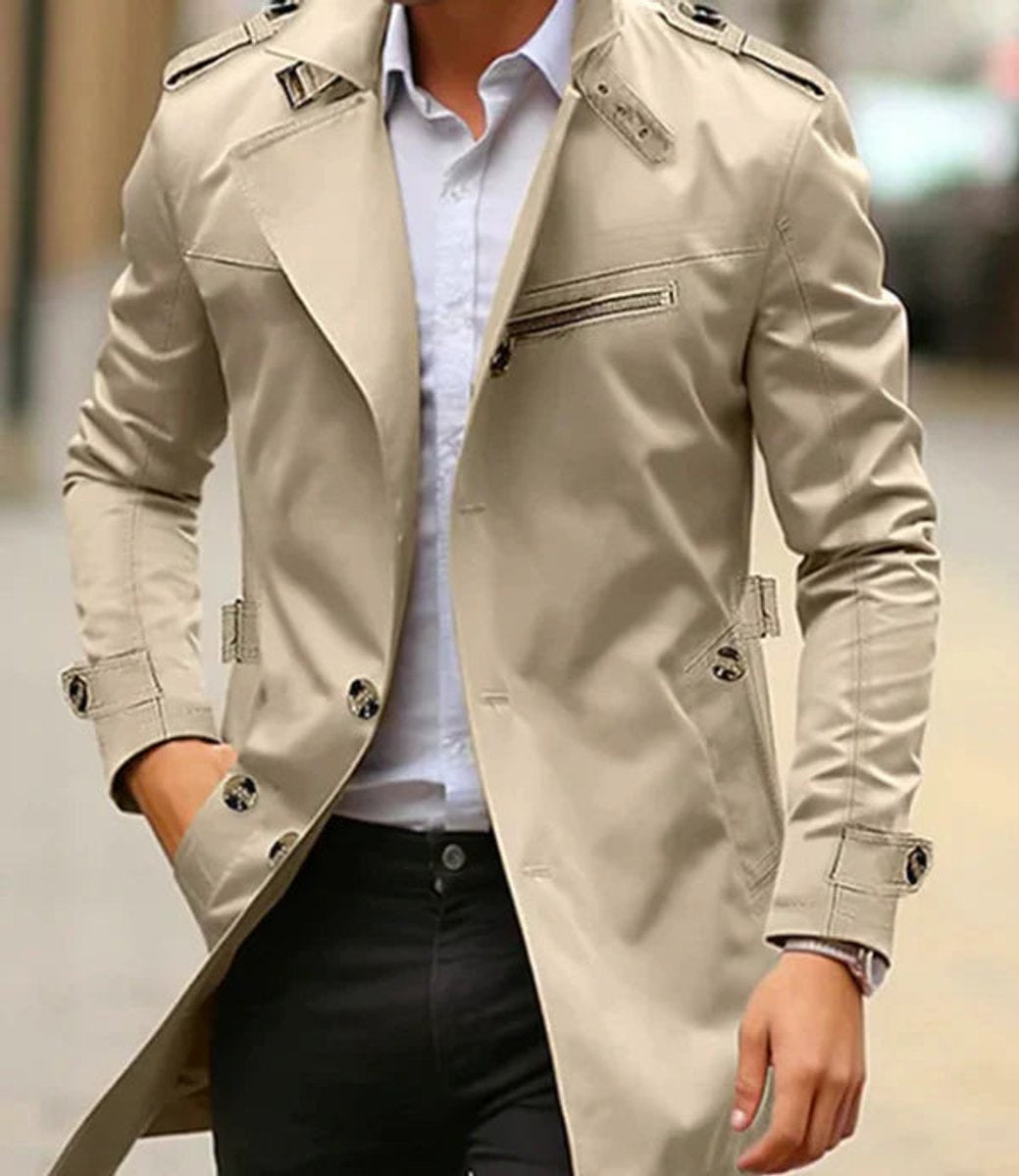Men's Slim-Fit Trench Coat with Zip Chest Pocket in Light Beige - view 1