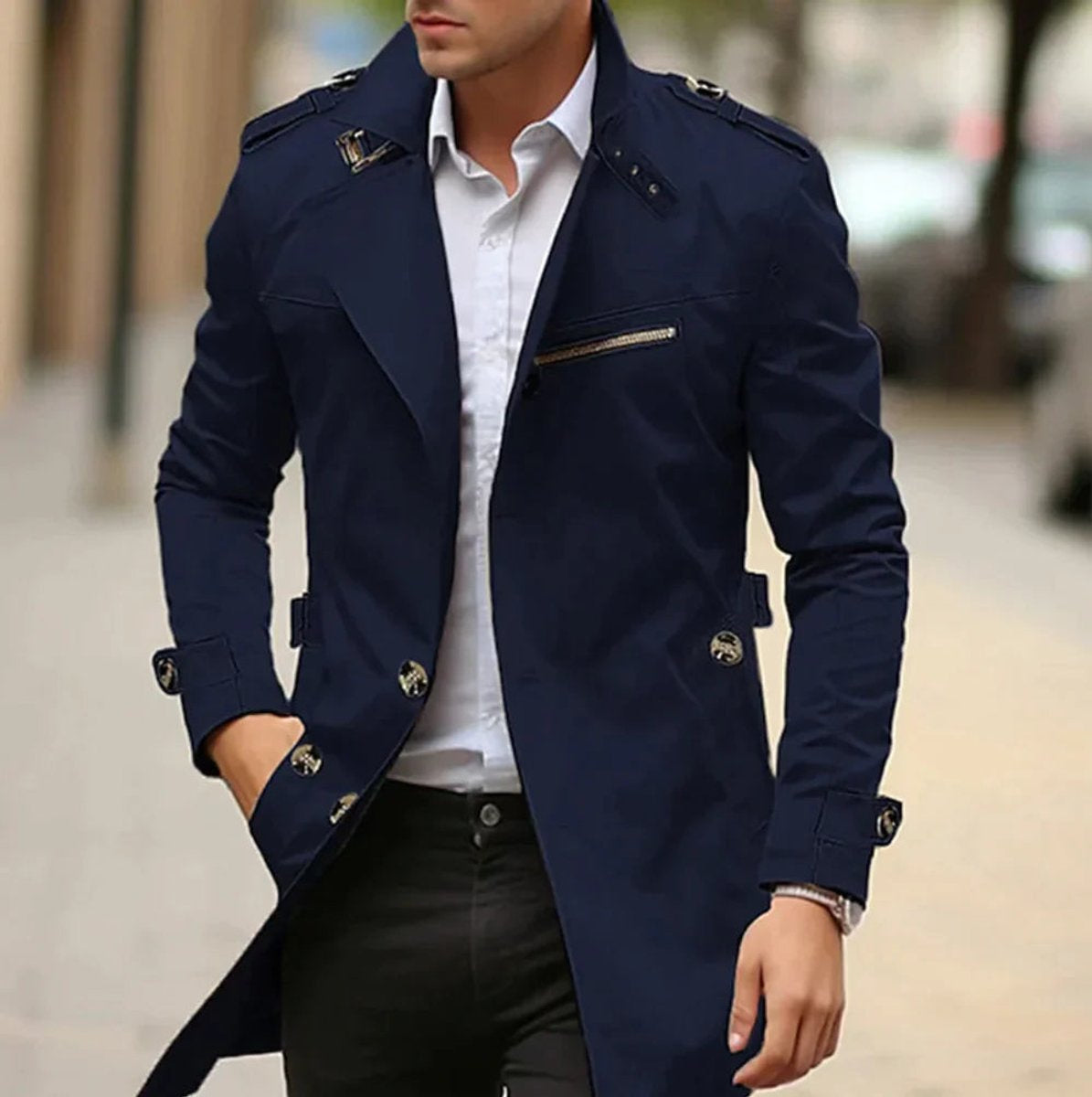 Men's Slim-Fit Trench Coat with Zip Chest Pocket in Dark Navy - view 2