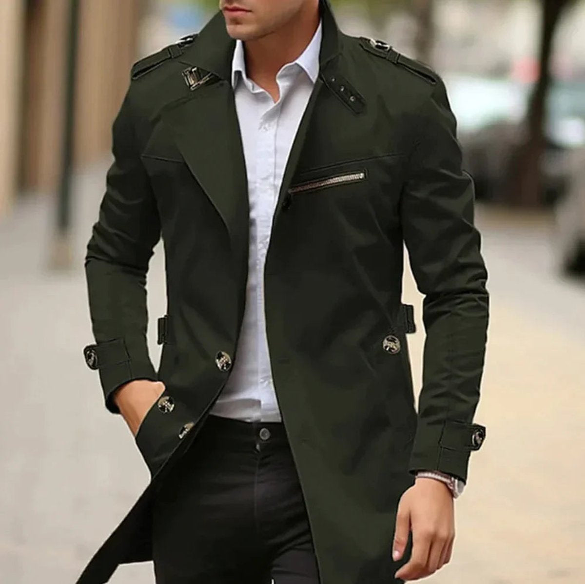 Men's Slim-Fit Trench Coat with Zip Chest Pocket in Green - view 3