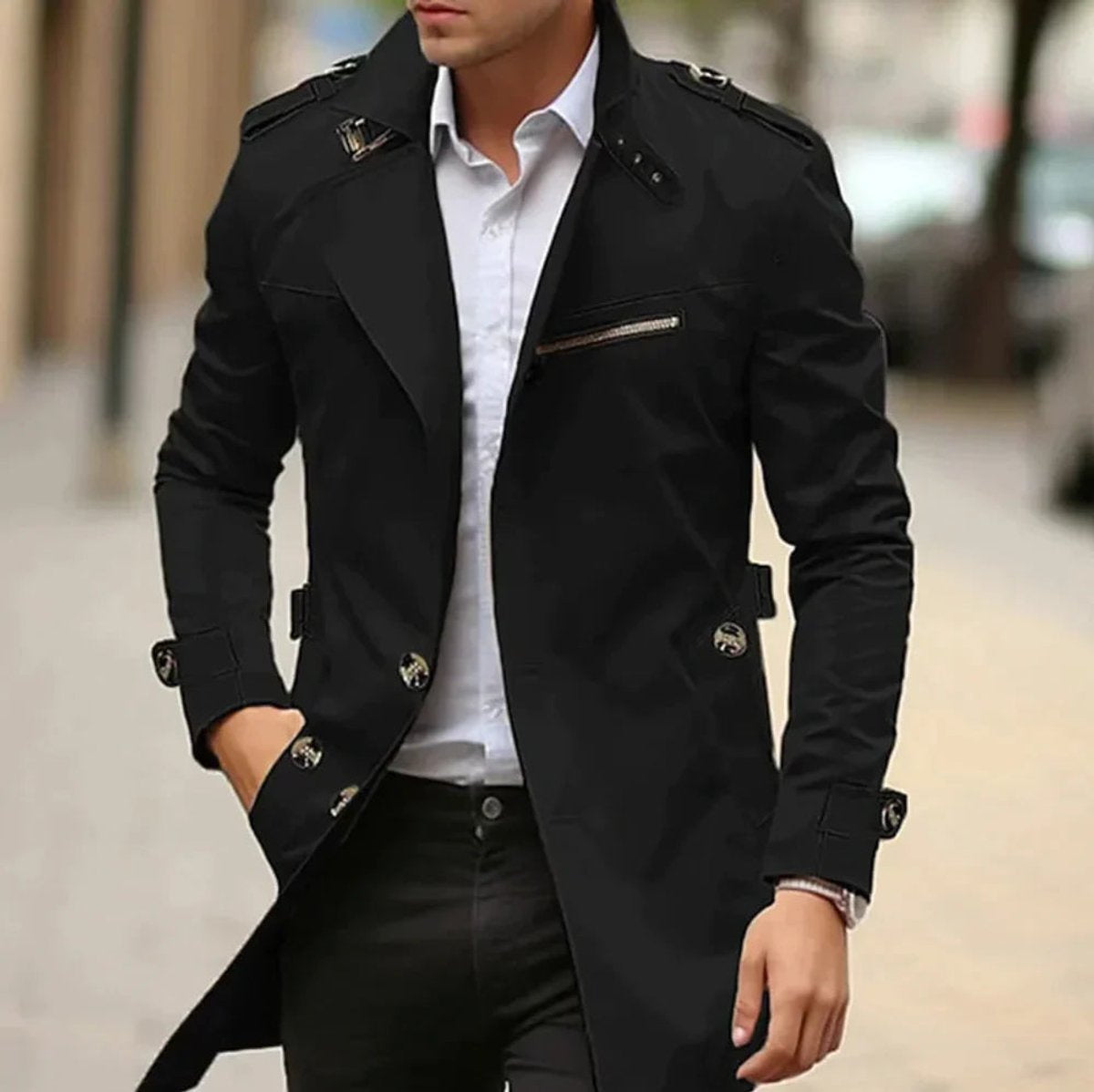 Men's Slim-Fit Trench Coat with Zip Chest Pocket in Black - view 4