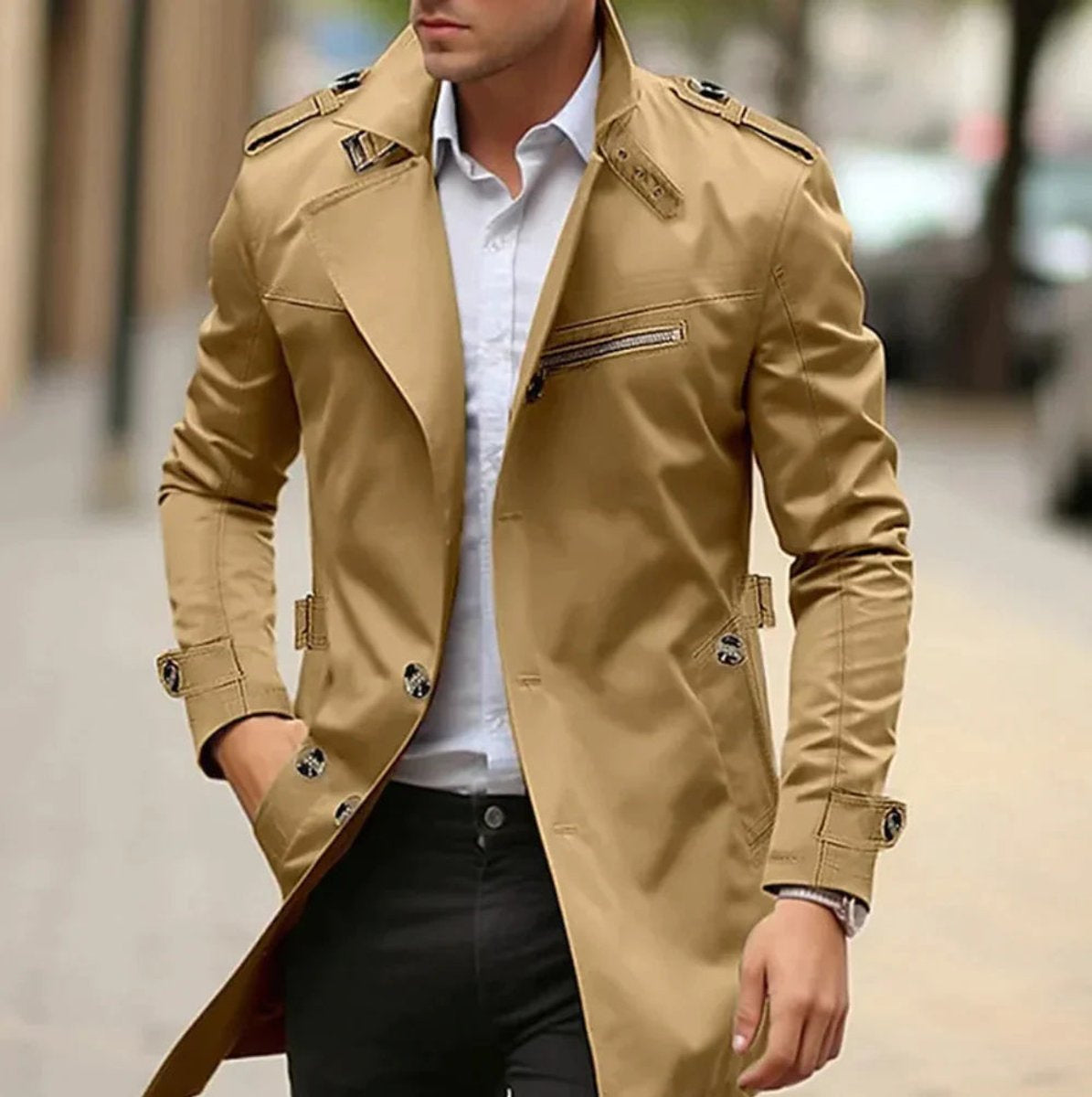 Men's Slim-Fit Trench Coat with Zip Chest Pocket in Dark Beige - view 5