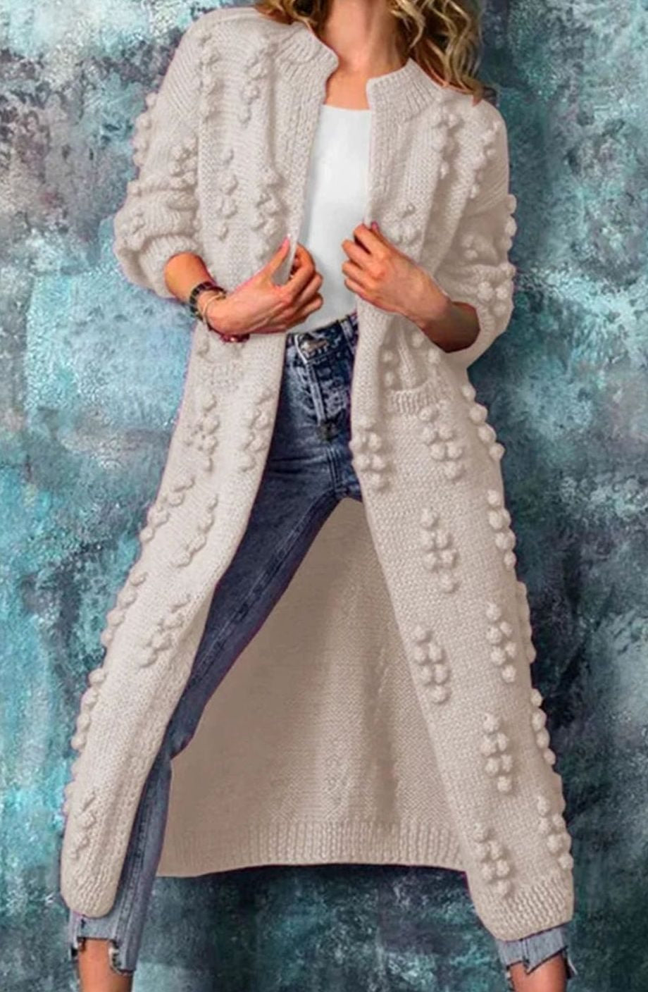 Women's Longline Pom-Pom Cardigan in Beige - view 3