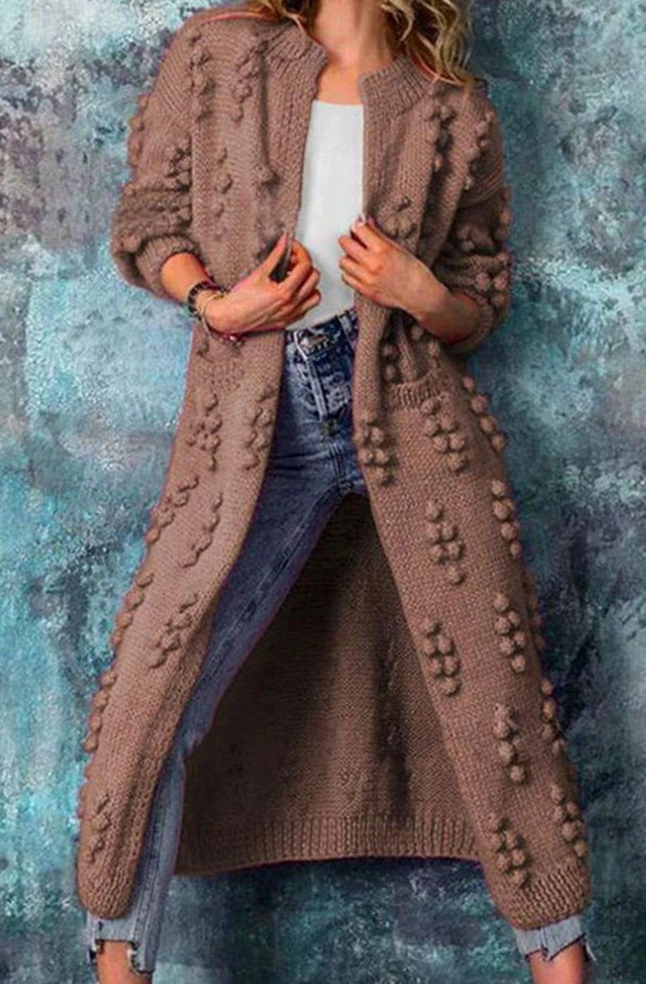 Women's Longline Pom-Pom Cardigan in Brown - view 4