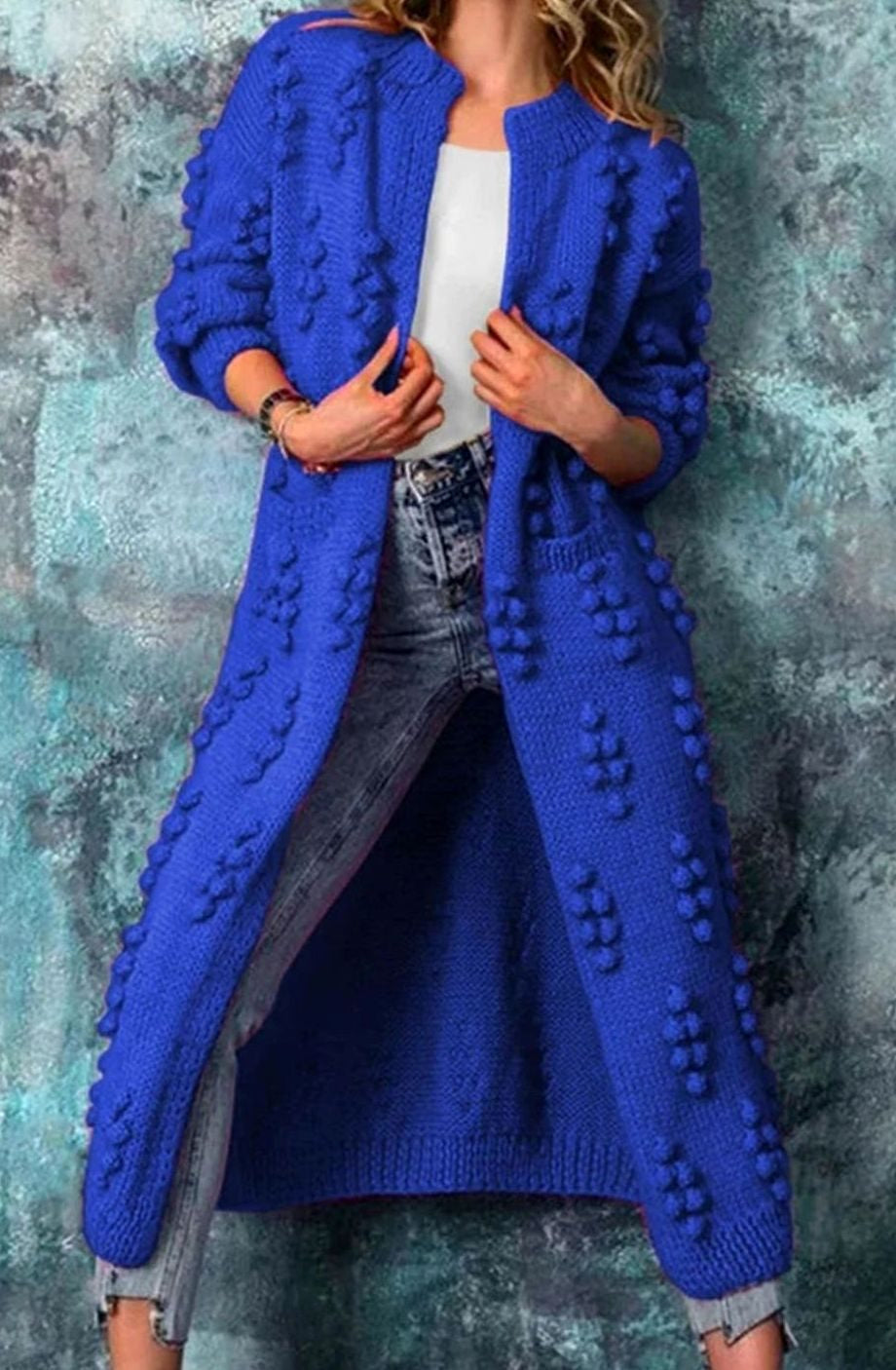 Women's Longline Pom-Pom Cardigan in Blue - view 6