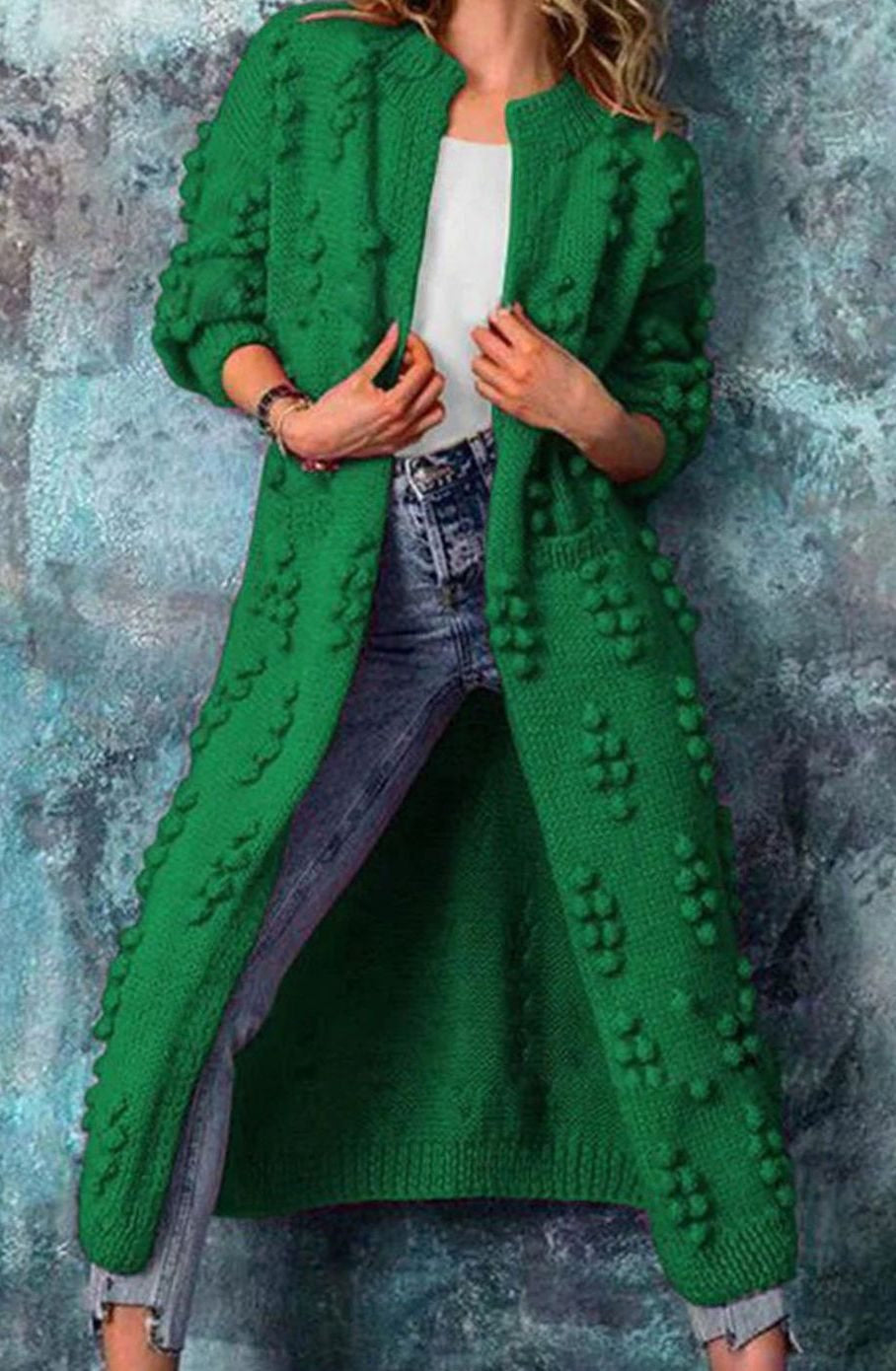 Women's Longline Pom-Pom Cardigan in Green - view 7