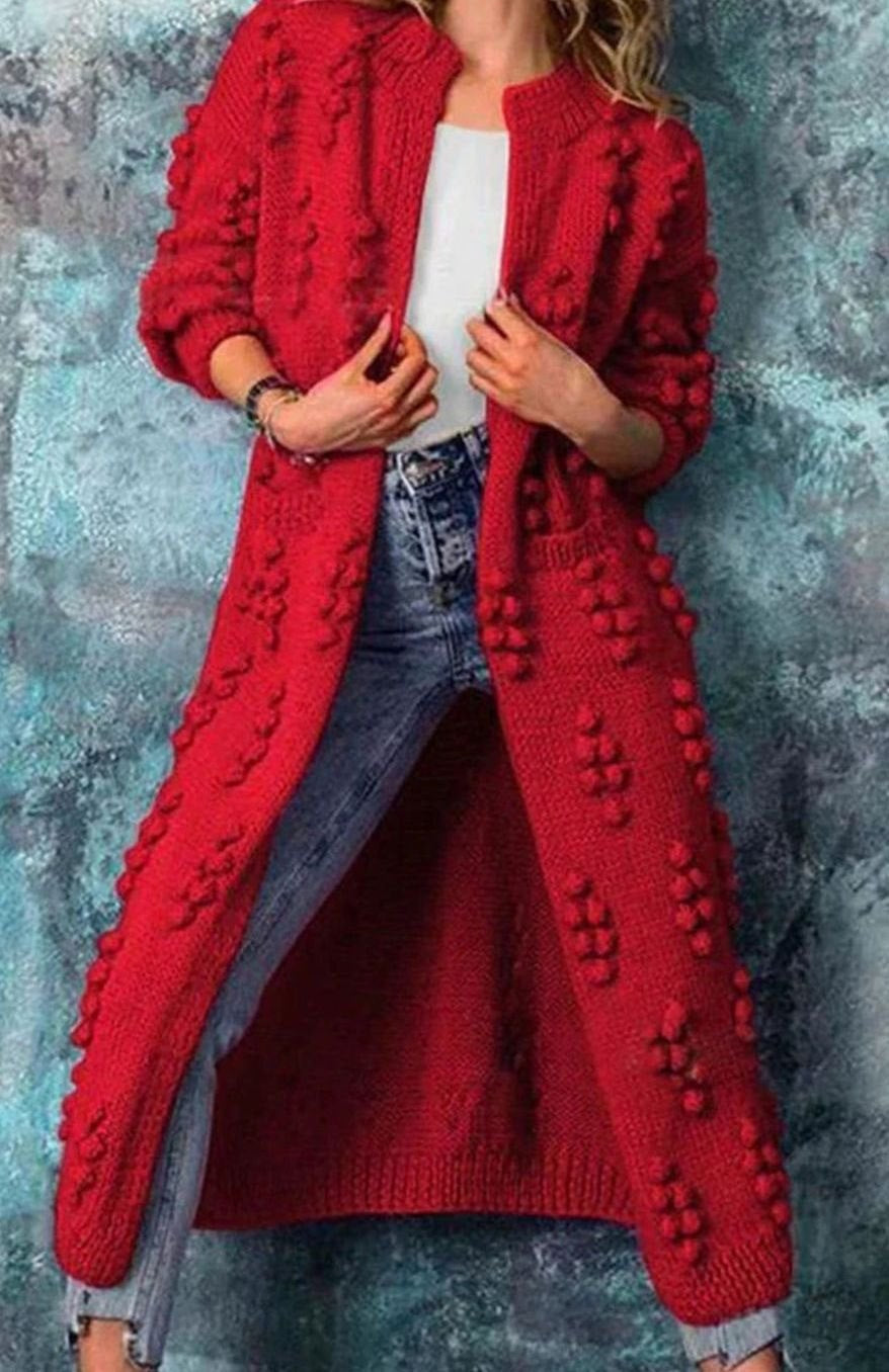 Women's Longline Pom-Pom Cardigan in Red - view 8