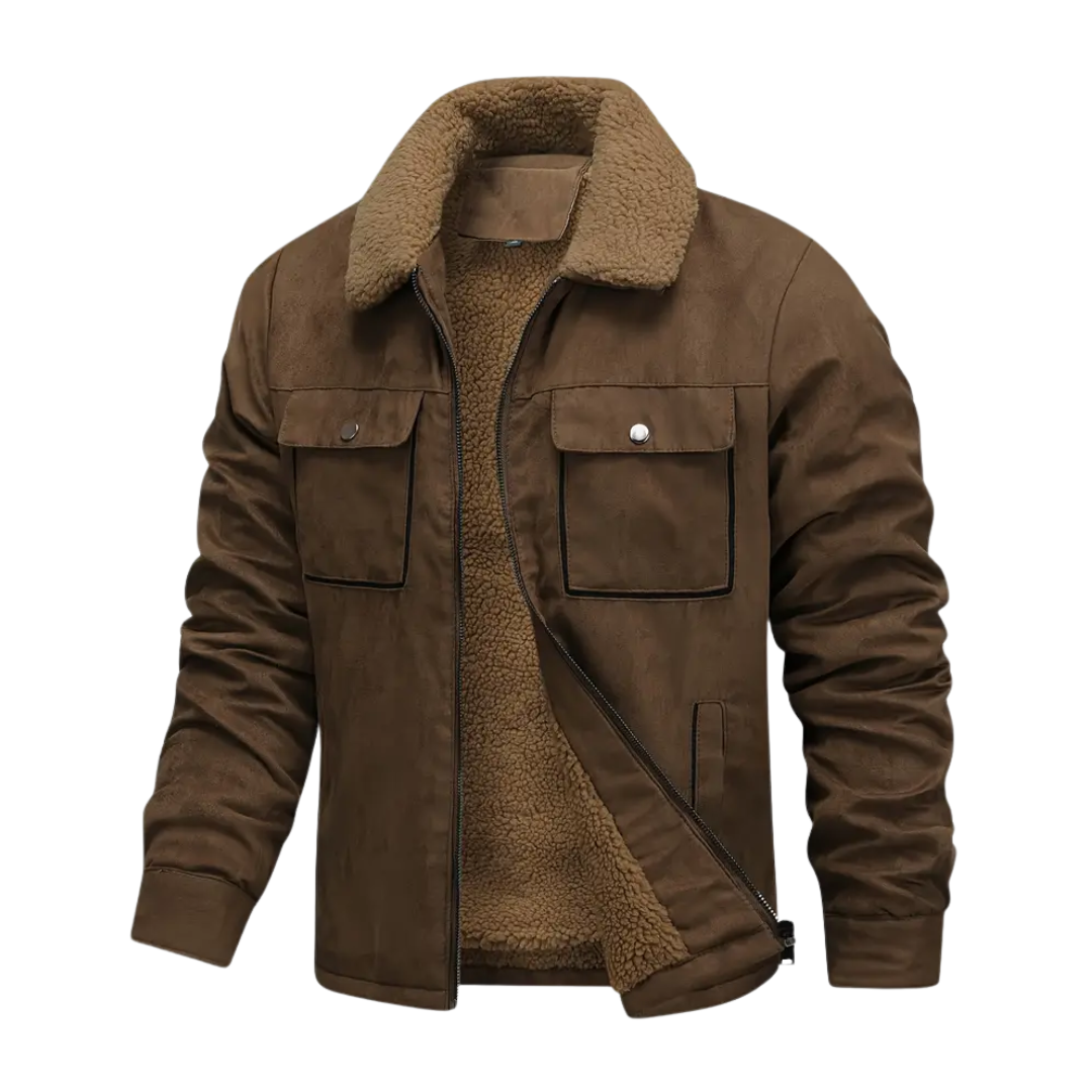 Men's Fleece-Lined Zip-Up Teddy Jacket with Hood in Dark Brown - view 3