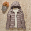 Women's Lightweight Packable Quilted Hooded Puffer Coat in Taupe - view 1