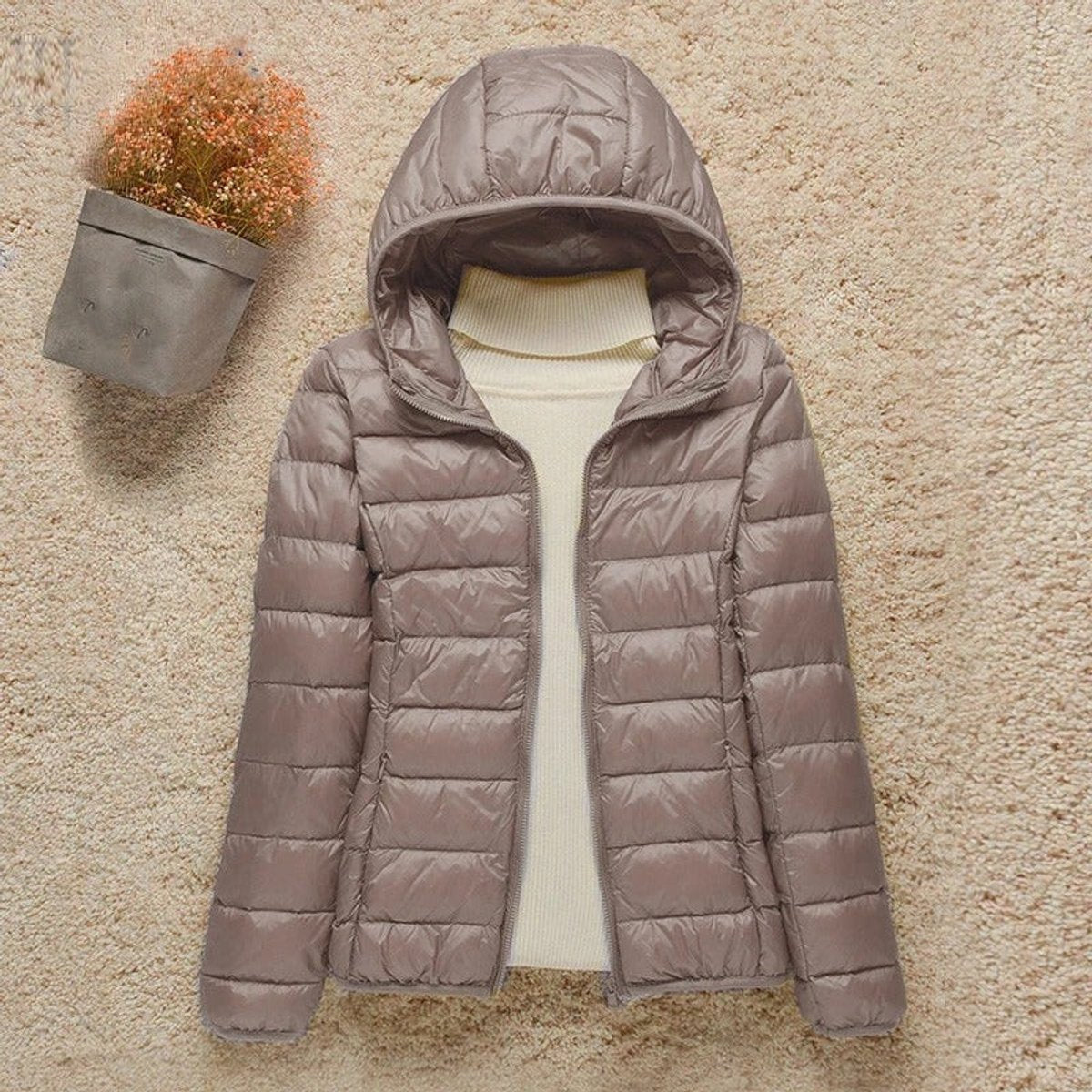 Women's Lightweight Packable Quilted Hooded Puffer Coat in Taupe - view 1