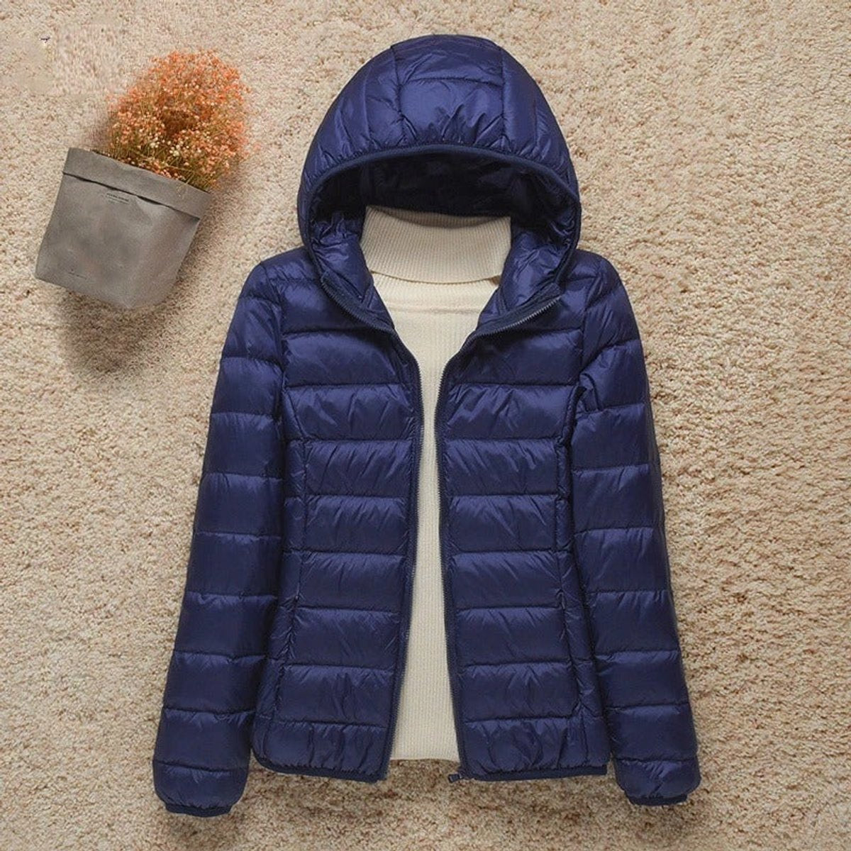Women's Lightweight Packable Quilted Hooded Puffer Coat in Navy Blue - view 2