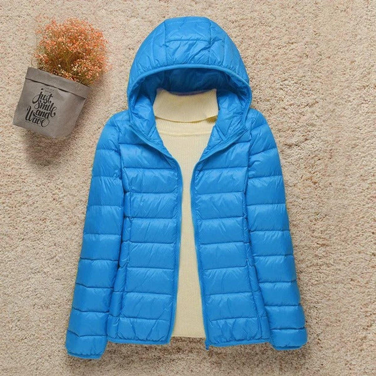 Women's Lightweight Packable Quilted Hooded Puffer Coat in Light Blue - view 3