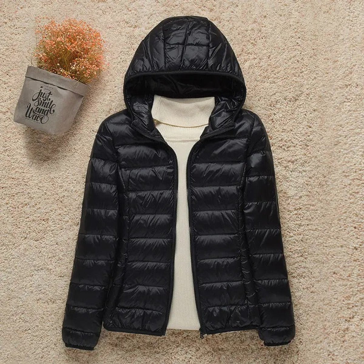 Women's Lightweight Packable Quilted Hooded Puffer Coat in Black - view 4