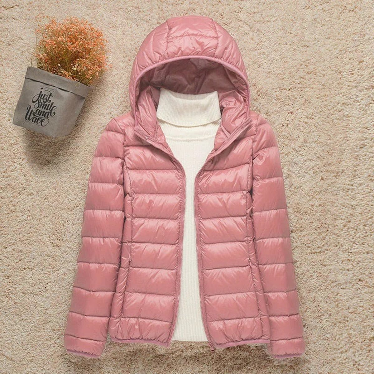 Women's Lightweight Packable Quilted Hooded Puffer Coat in Pink - view 5