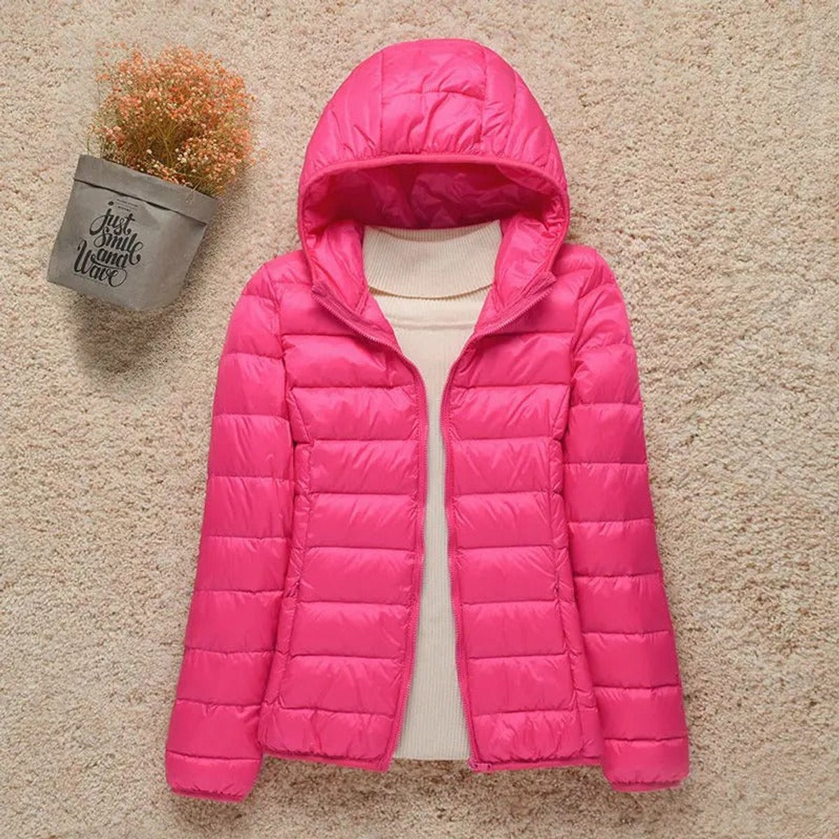 Women's Lightweight Packable Quilted Hooded Puffer Coat in Fuchsia - view 6