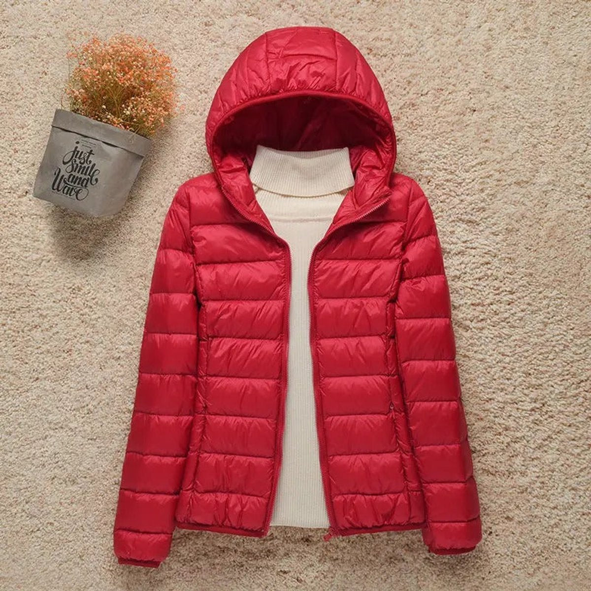 Women's Lightweight Packable Quilted Hooded Puffer Coat in Red - view 7