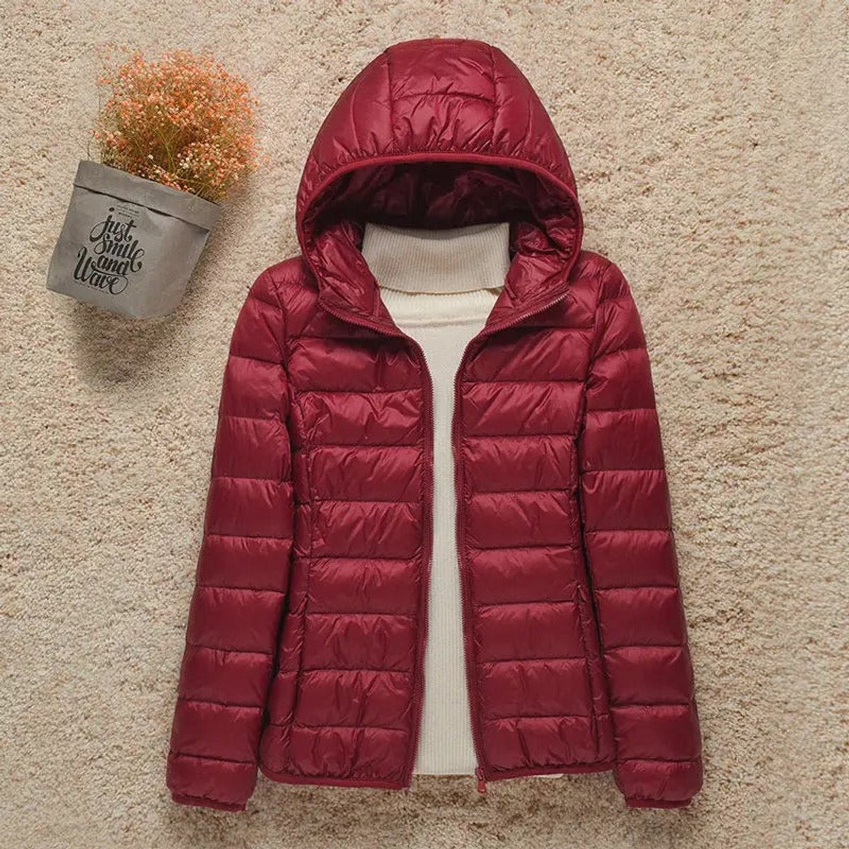 Women's Lightweight Packable Quilted Hooded Puffer Coat in Burgundy - view 8