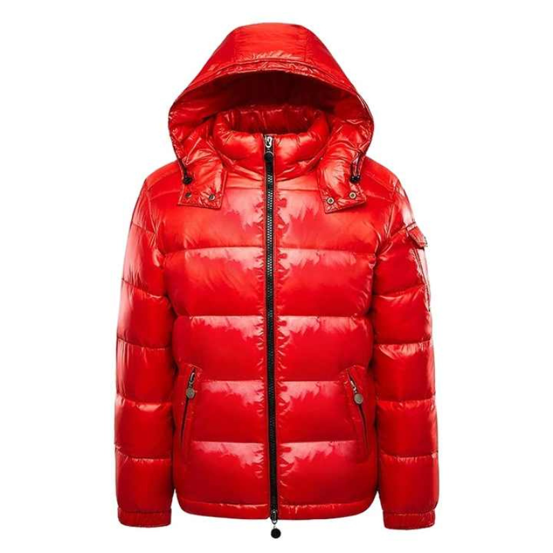 Men's High-Shine Puffer Coat with Zip Pockets in Red - view 5