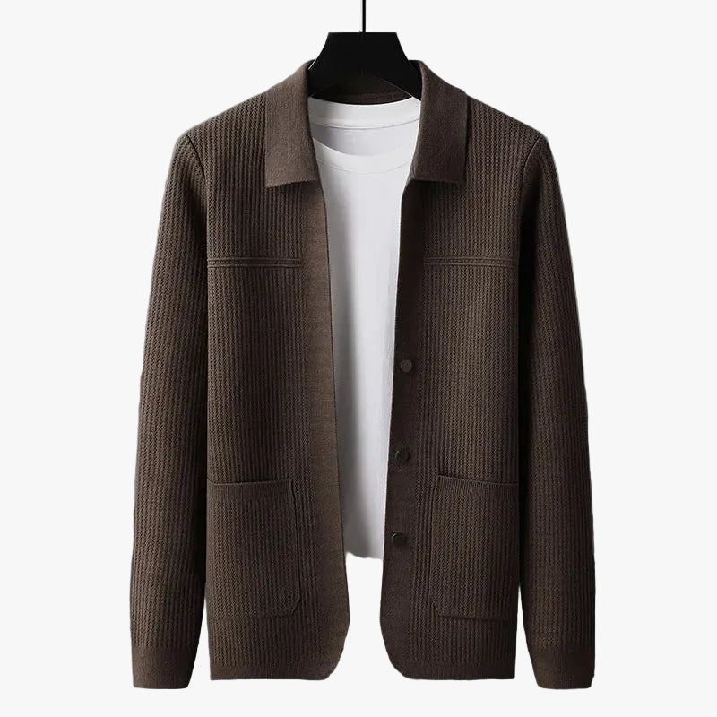 Men's Ribbed Button-Front Cardigan with Patch Pockets in Brown - view 1