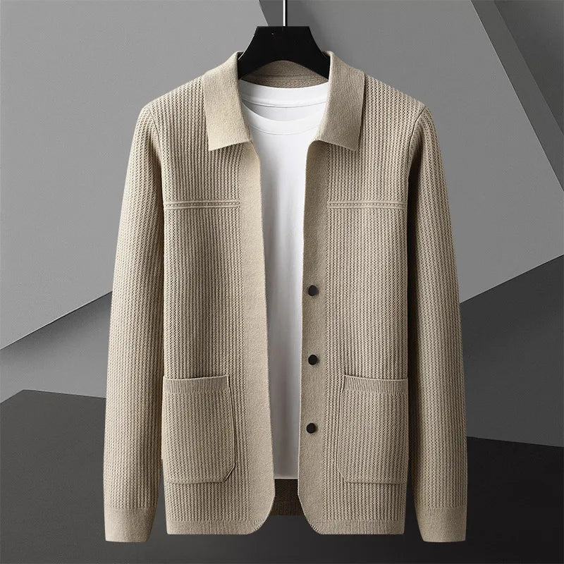 Men's Ribbed Button-Front Cardigan with Patch Pockets in Khaki - view 2