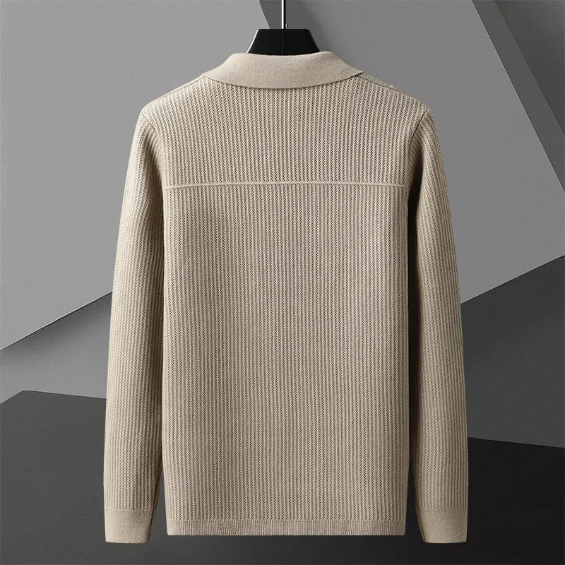 Men's Ribbed Button-Front Cardigan with Patch Pockets in Khaki - view 3