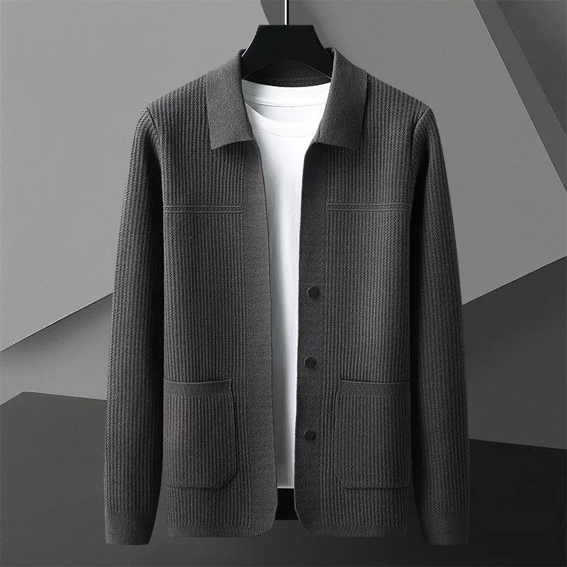 Men's Ribbed Button-Front Cardigan with Patch Pockets in Gray - view 4