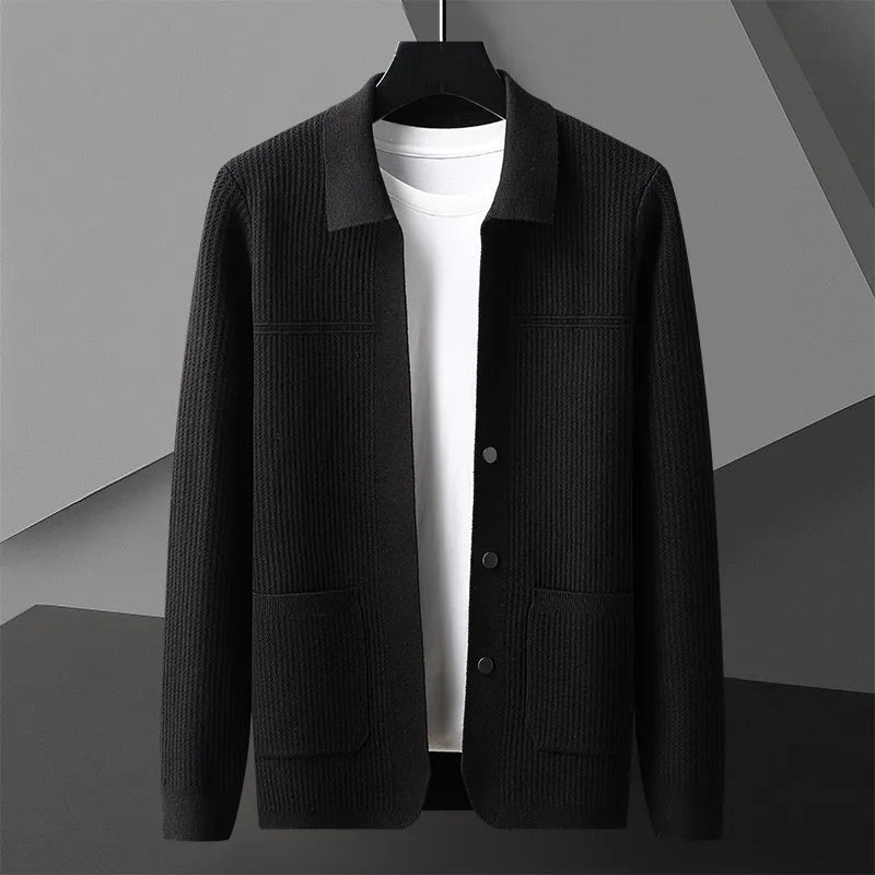 Men's Ribbed Button-Front Cardigan with Patch Pockets in Black - view 5