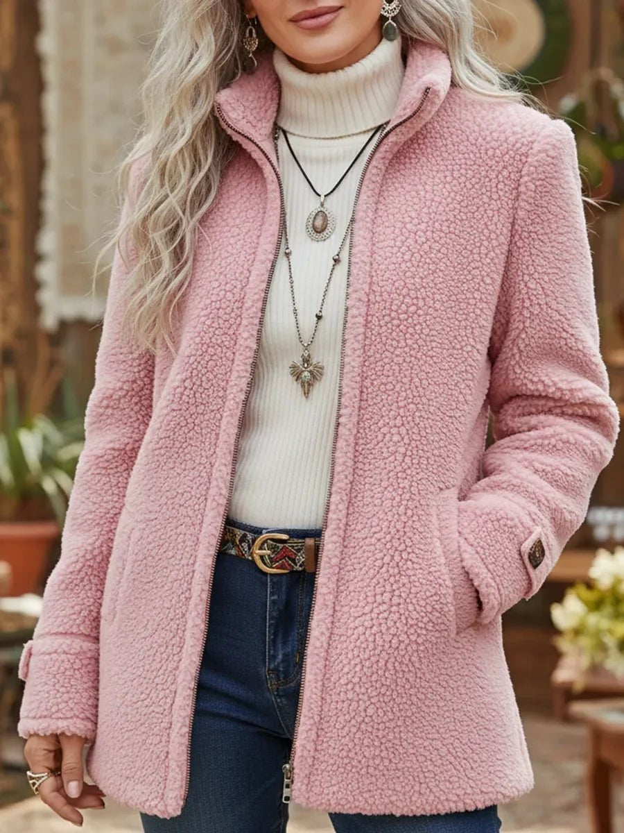 Women's Longline Fleece-Lined Zip-Up Teddy Coat in Pink - view 1