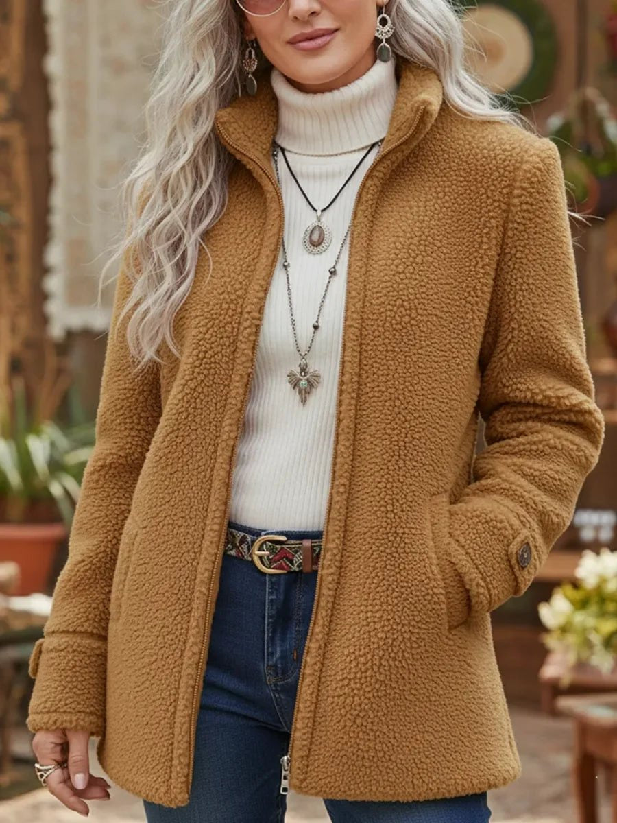 Women's Longline Fleece-Lined Zip-Up Teddy Coat in Camel - view 3