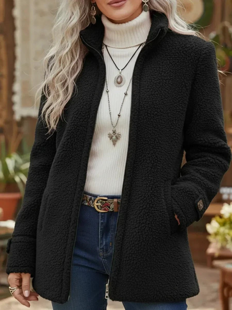 Women's Longline Fleece-Lined Zip-Up Teddy Coat in Black - view 4
