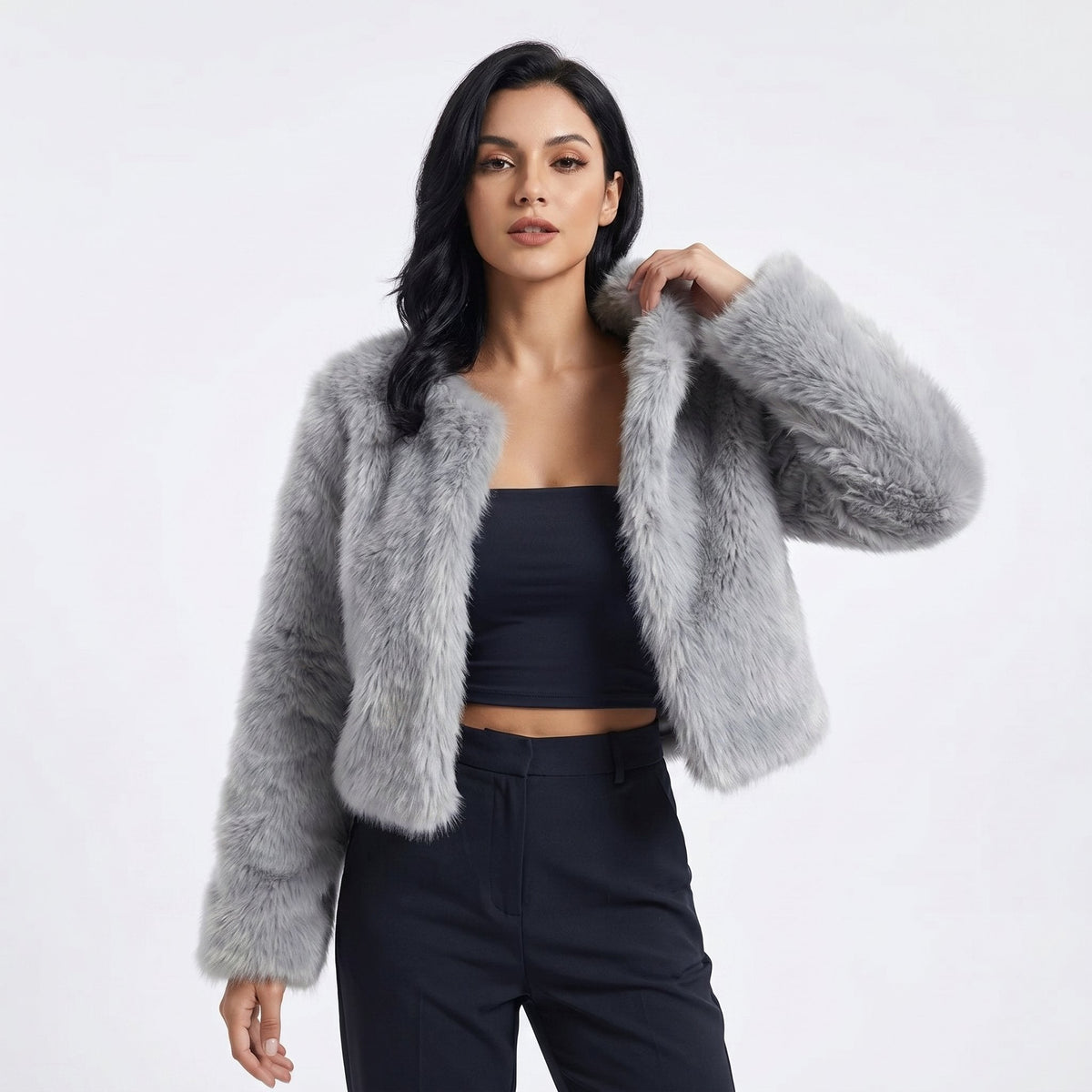 Women's Fuzzy Faux-Fur Cropped Jacket in Grey - view 1