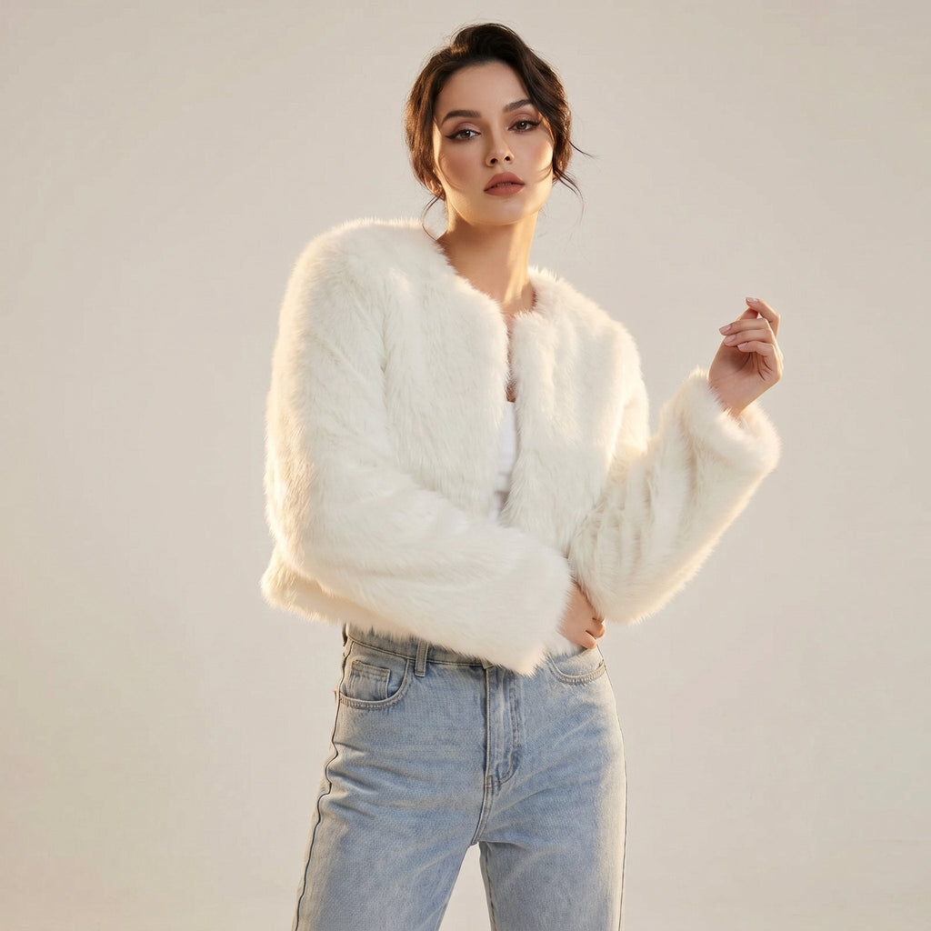Women's Fuzzy Faux-Fur Cropped Jacket in White - view 2