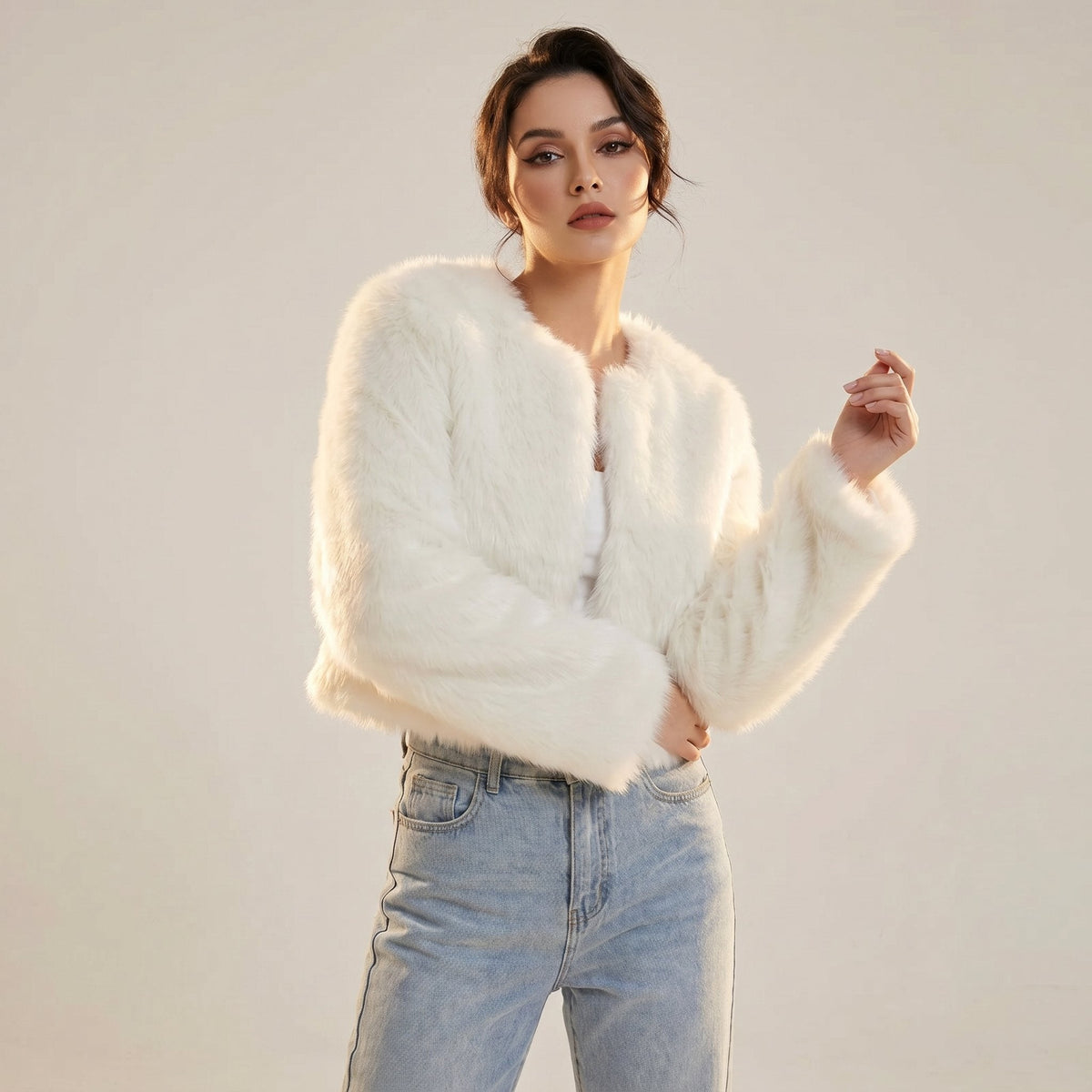 Women's Fuzzy Faux-Fur Cropped Jacket in White - view 2