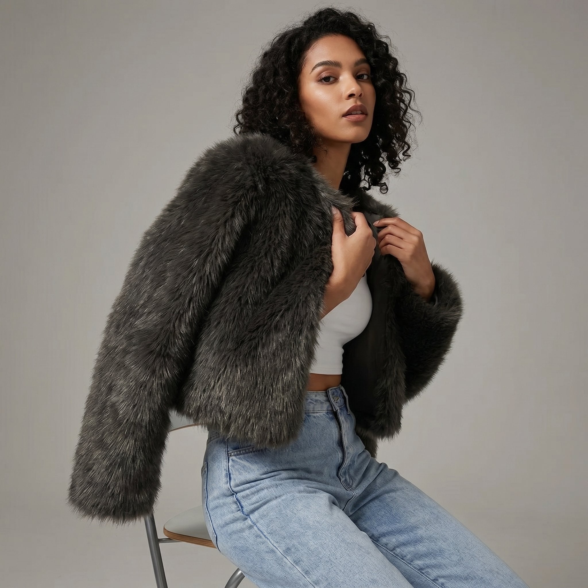 Women's Fuzzy Faux-Fur Cropped Jacket in Black - view 3