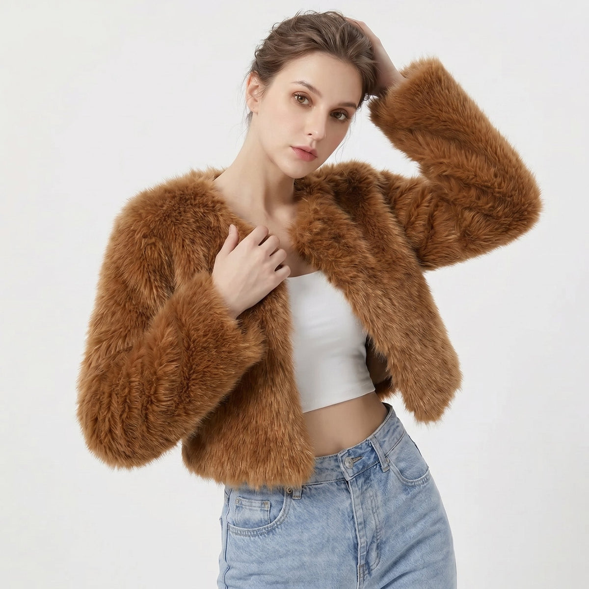 Women's Fuzzy Faux-Fur Cropped Jacket in Rust - view 4