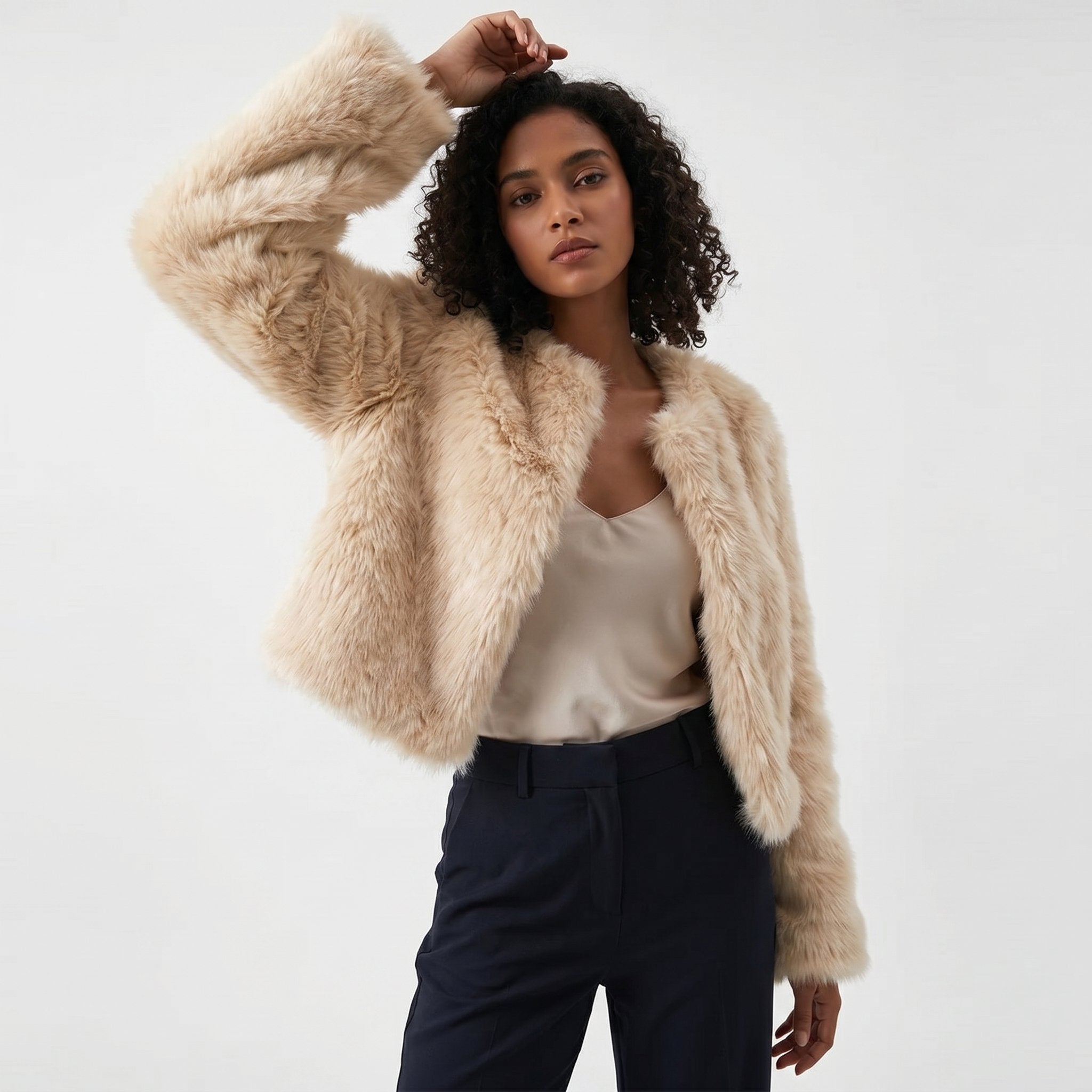 Women's Fuzzy Faux-Fur Cropped Jacket in Oat - view 5