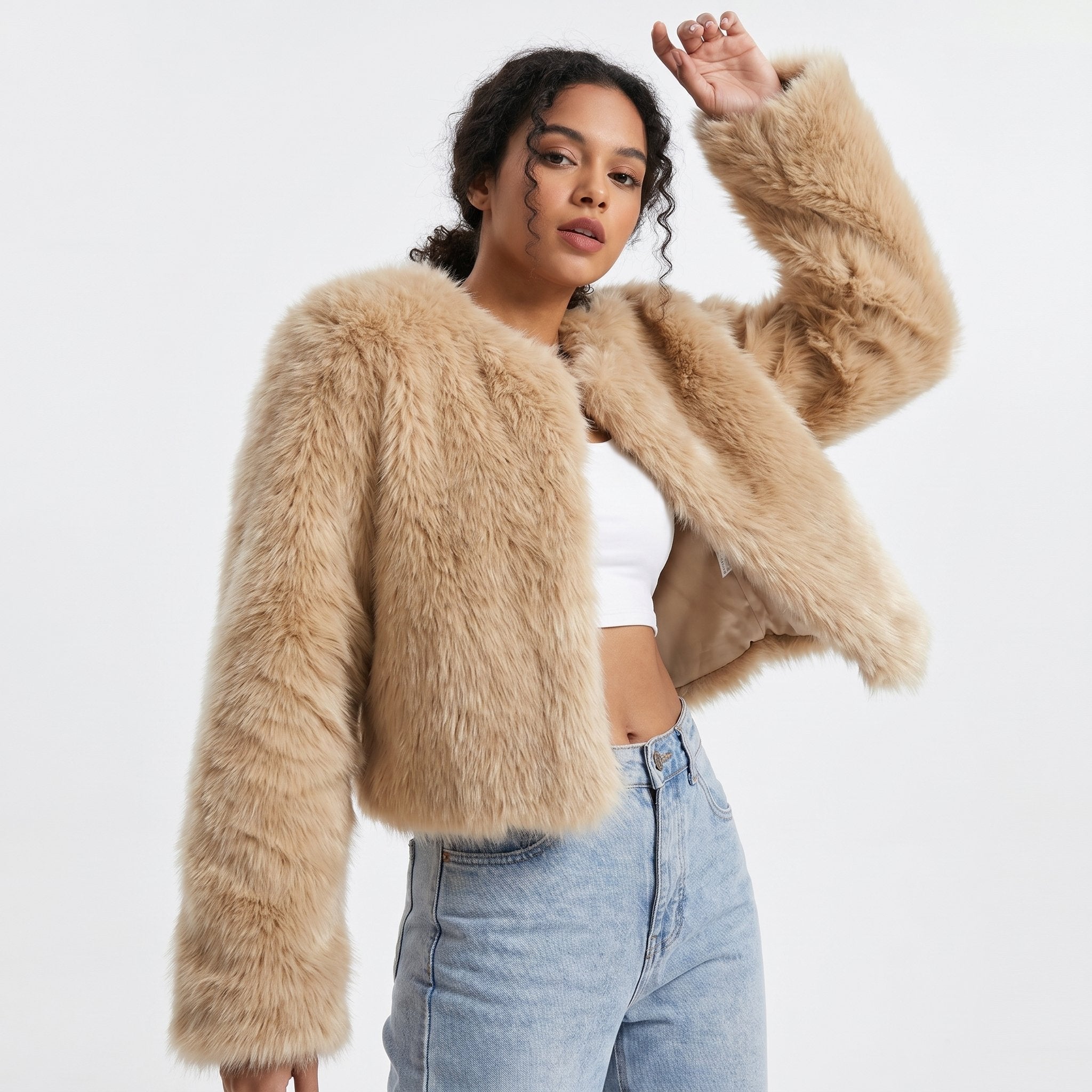 Women's Fuzzy Faux-Fur Cropped Jacket in Caramel - view 6