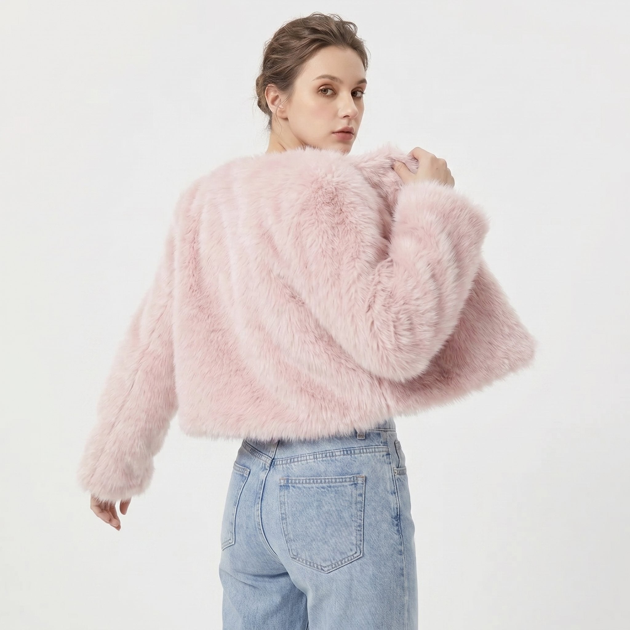 Women's Fuzzy Faux-Fur Cropped Jacket in Pink - view 7
