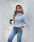 Women's Cable-Knit Boxy Turtleneck Sweater in Blue - view 1