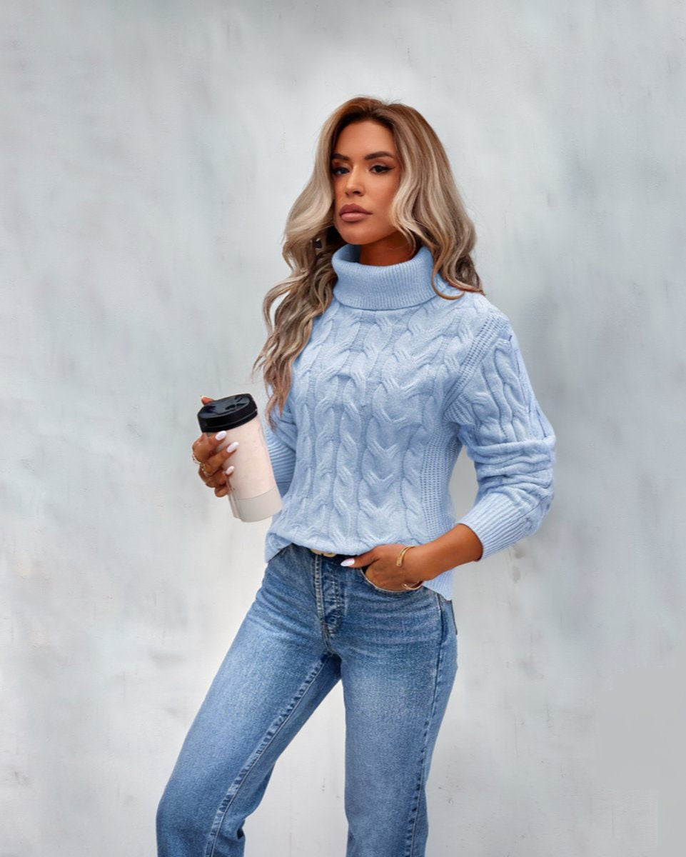 Women's Cable-Knit Boxy Turtleneck Sweater in Blue - view 1