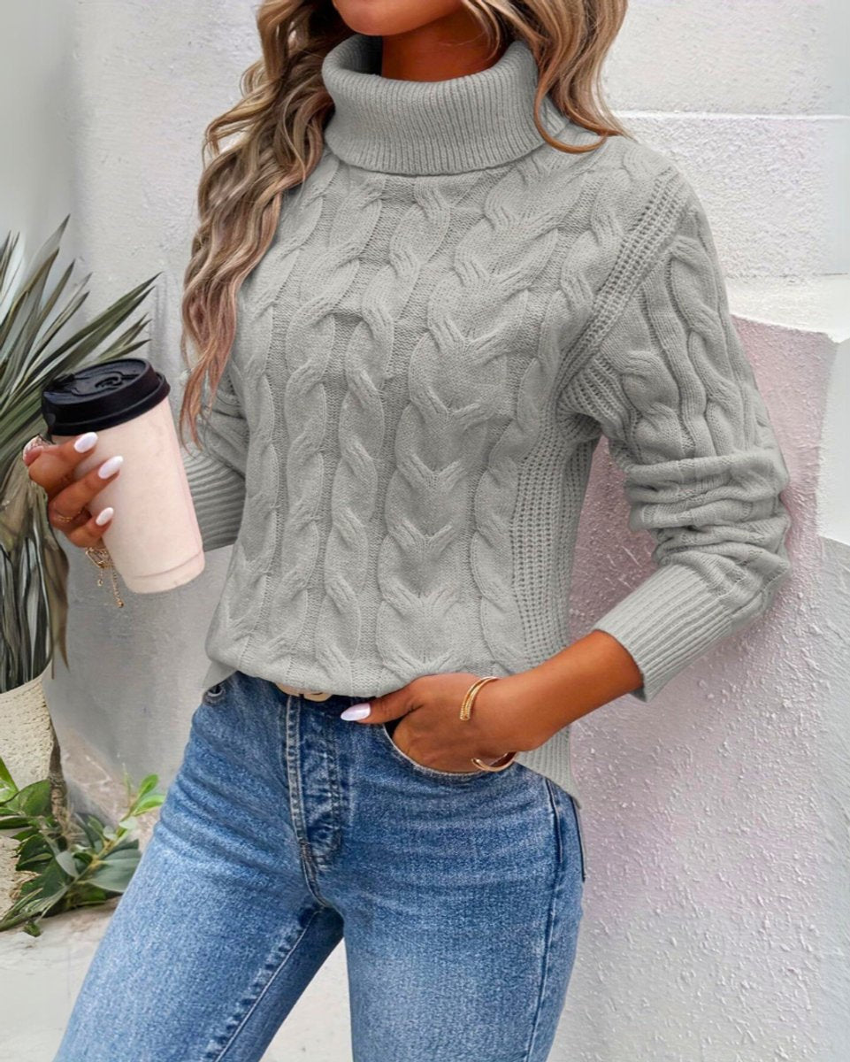 Women's Cable-Knit Boxy Turtleneck Sweater in Gray - view 2