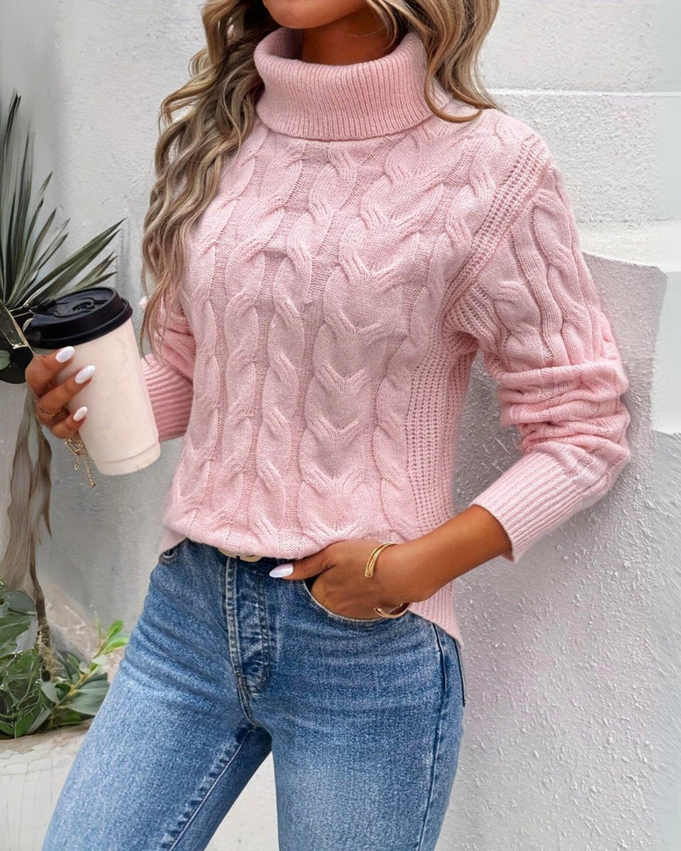Women's Cable-Knit Boxy Turtleneck Sweater in Pink - view 3
