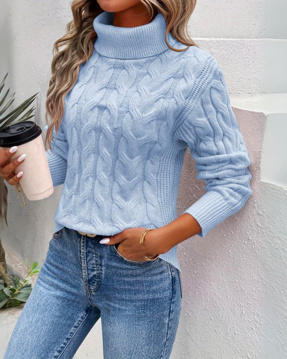 Women's Cable-Knit Boxy Turtleneck Sweater in Blue - view 5
