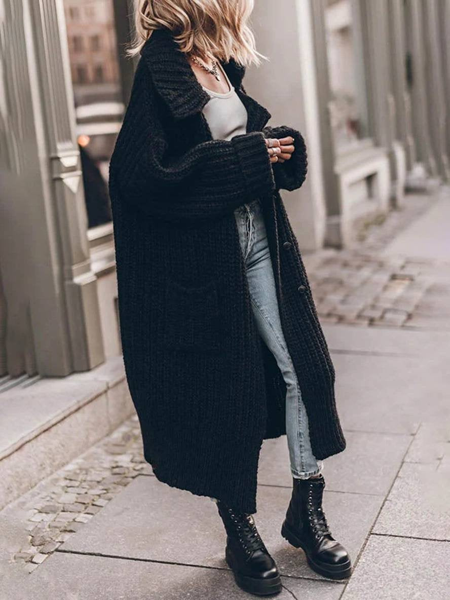 Women's Chunky-Knit Longline Oversized Cardigan in Black - view 6