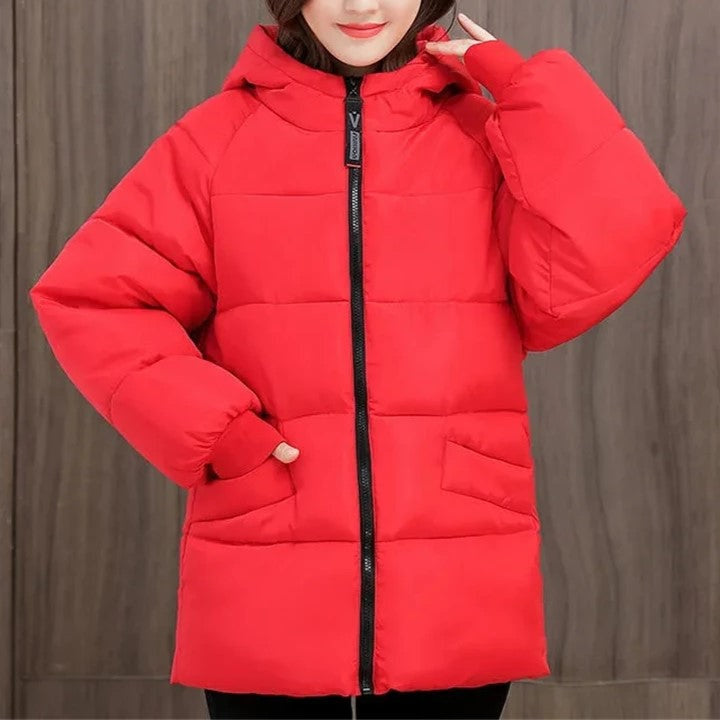 Women's Oversized Hooded Padded Parka with Pockets in Red - view 4