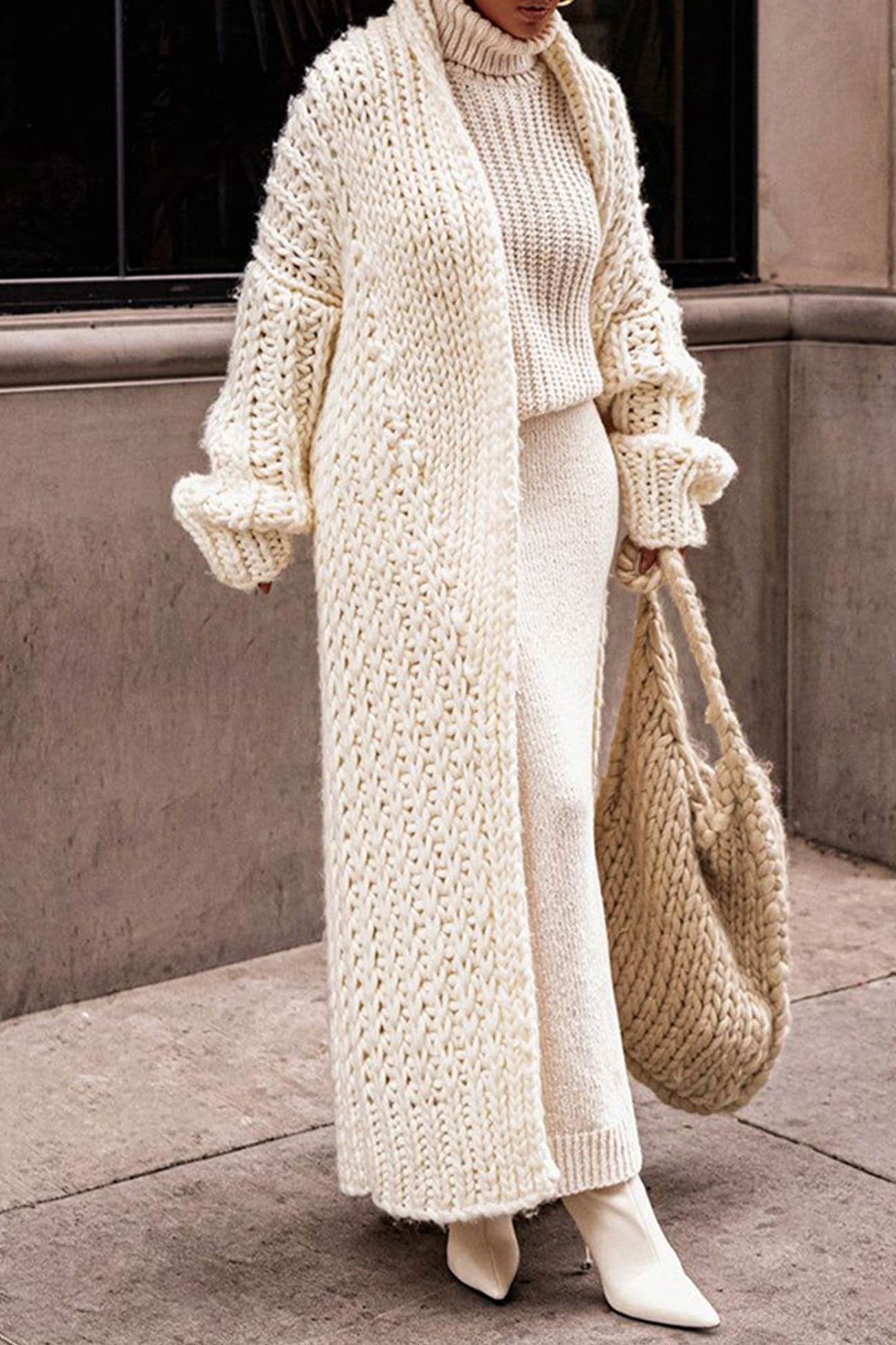 Women's Chunky-Knit Longline Cardigan with Pockets in Beige - view 1