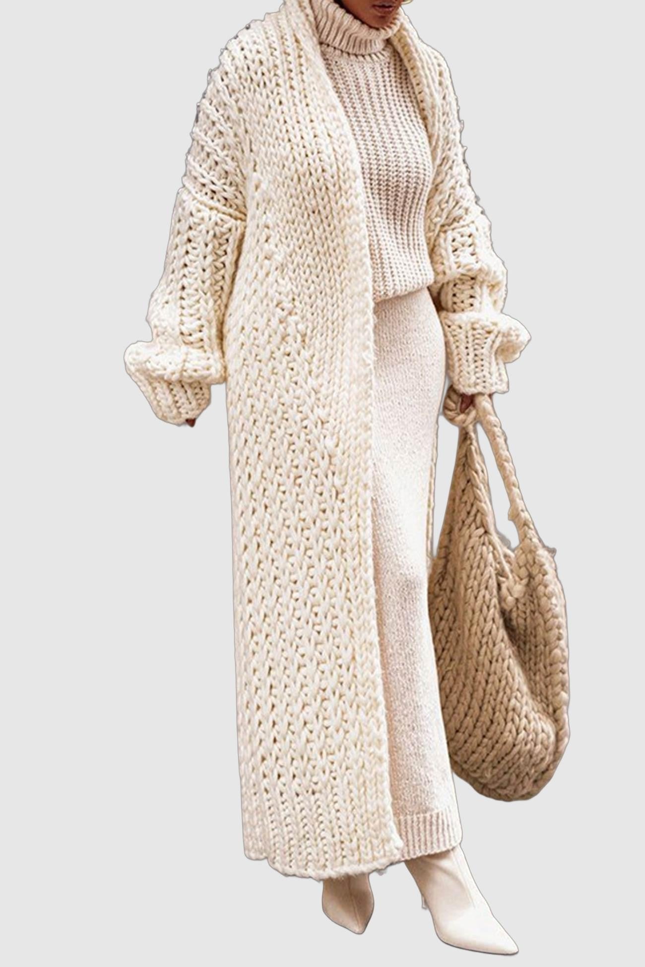 Women's Chunky-Knit Longline Cardigan with Pockets in Beige - view 2